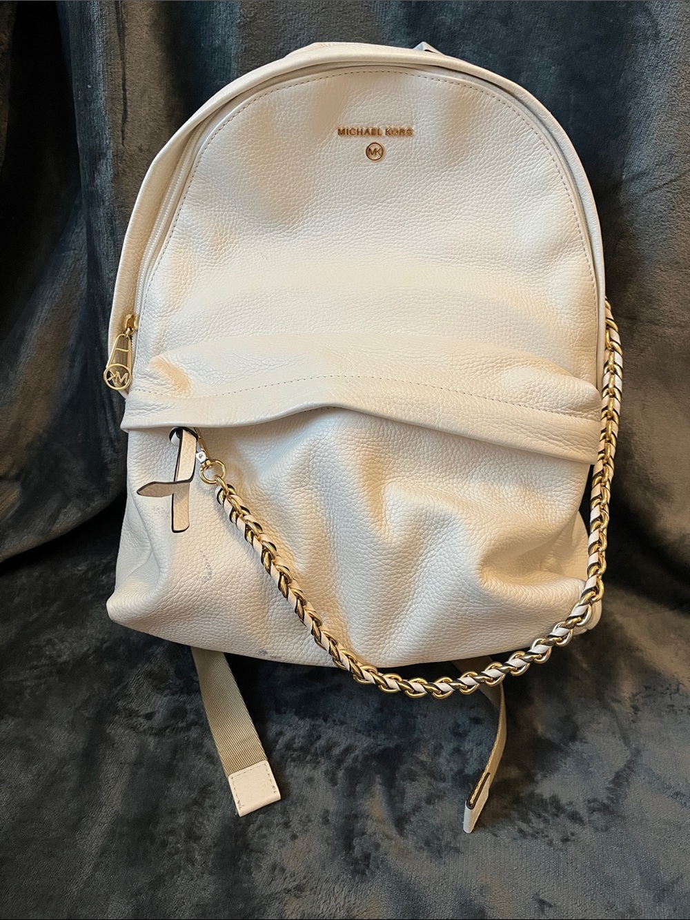Michael Kors Cream Pebbled Leather Backpack with Gold Chain Accent